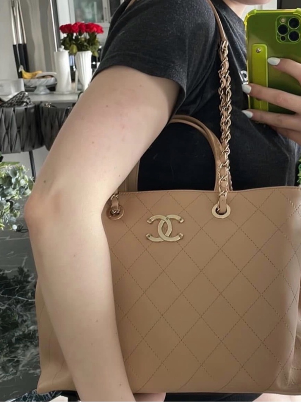CHANEL Beige Quilted Leather Tote with Gold Chain Accent